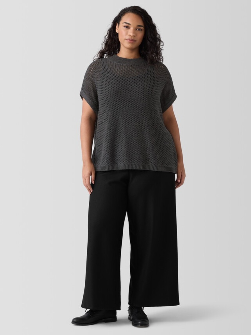 Eileen Fisher Merino Mock Neck Top in Regenerative Wool Open Knit Women’s XL